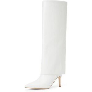 Women's White Pu Pointed Toe Zipper Shark Fold Over Knee High Heel Boots